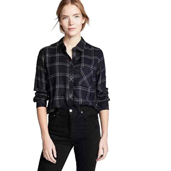 Rails Tops - RAILS Hunter Women’s Plaid Flannel Button Up Shirt Size S Navy Snow Metallic